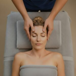 Sessão de Access Bars® no Bóson Spa em Botafogo RJ com toques sutis na cabeça para liberação mental, redução do estresse e relaxamento profundo.