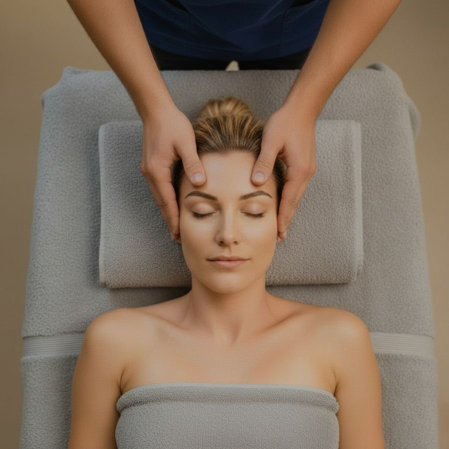 Sessão de Access Bars® no Bóson Spa em Botafogo RJ com toques sutis na cabeça para liberação mental, redução do estresse e relaxamento profundo.