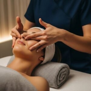 Sessão de Access Energetic Facelift® no Bóson Spa em Botafogo RJ com toques sutis na cabeça para liberação mental, redução do estresse e relaxamento profundo.