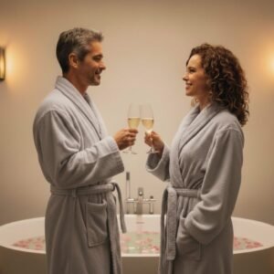 Jornada Glúon no Bóson Spa em Botafogo RJ, experiência de bem-estar para duas pessoas com sauna, massagem e banho aromático.