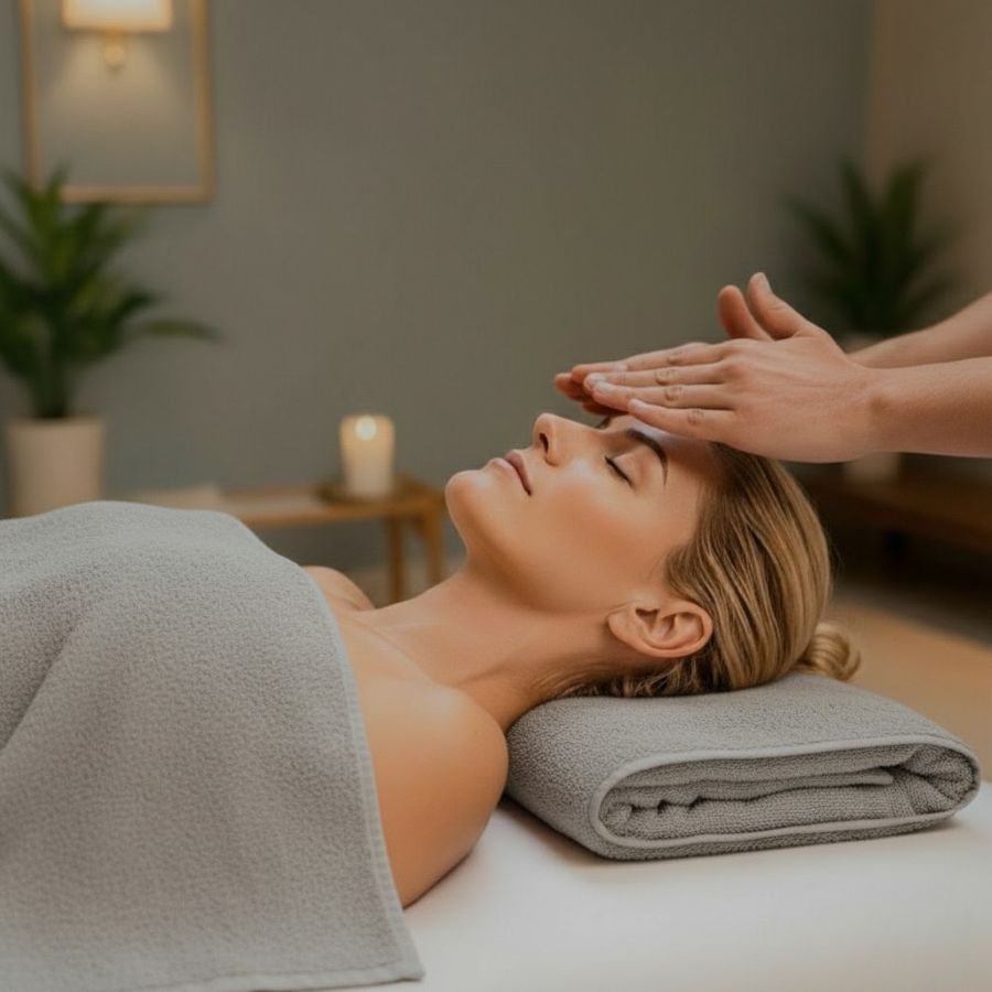 Sessão de Reiki no Bóson Spa em Botafogo RJ com imposição de mãos para equilíbrio energético, relaxamento profundo e bem-estar integral.