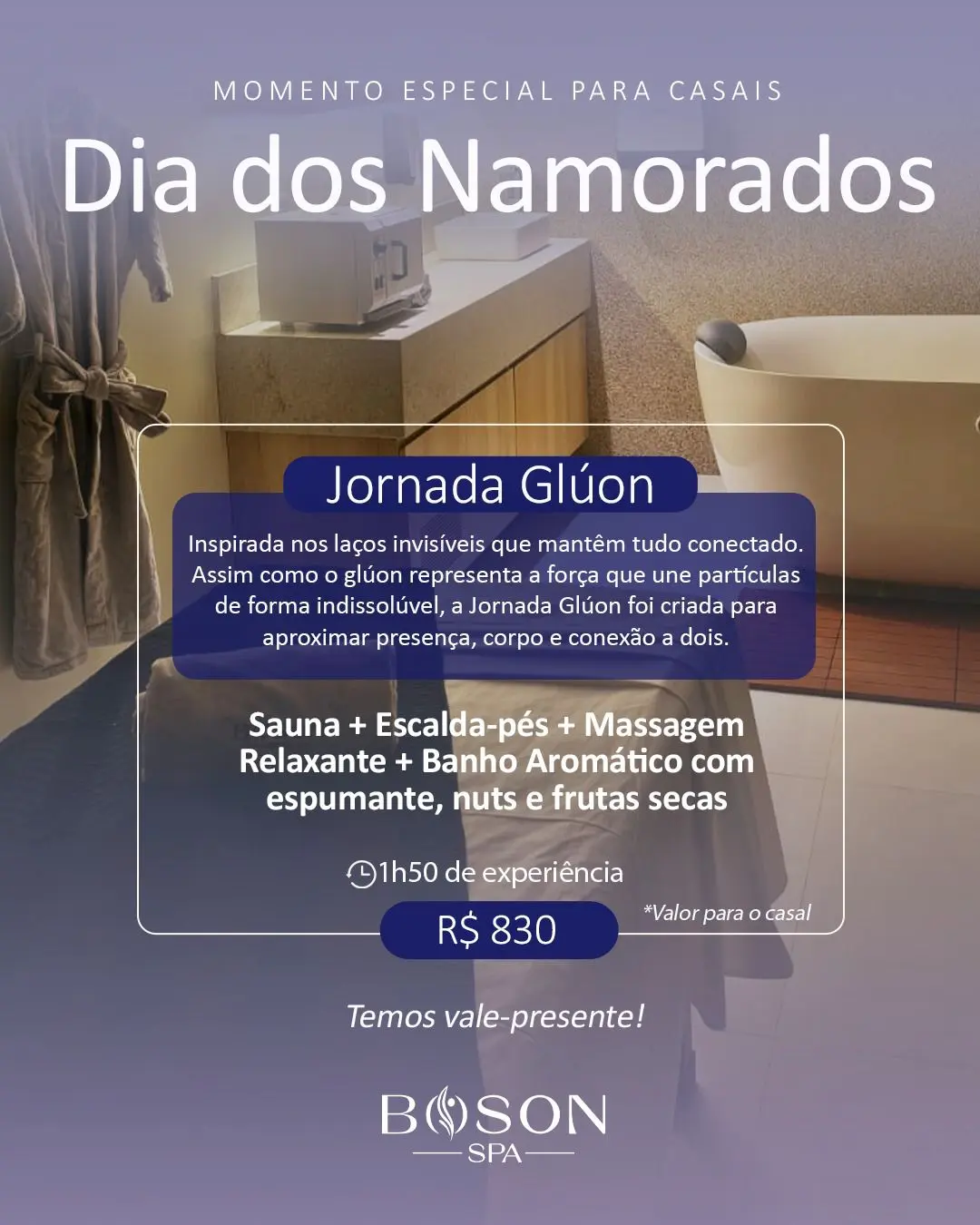 Banner promocional de Dia dos Namorados do Bóson Spa apresentando a Jornada Glúon, um pacote especial para casais com sauna, escalda-pés, massagem relaxante e banho aromático.