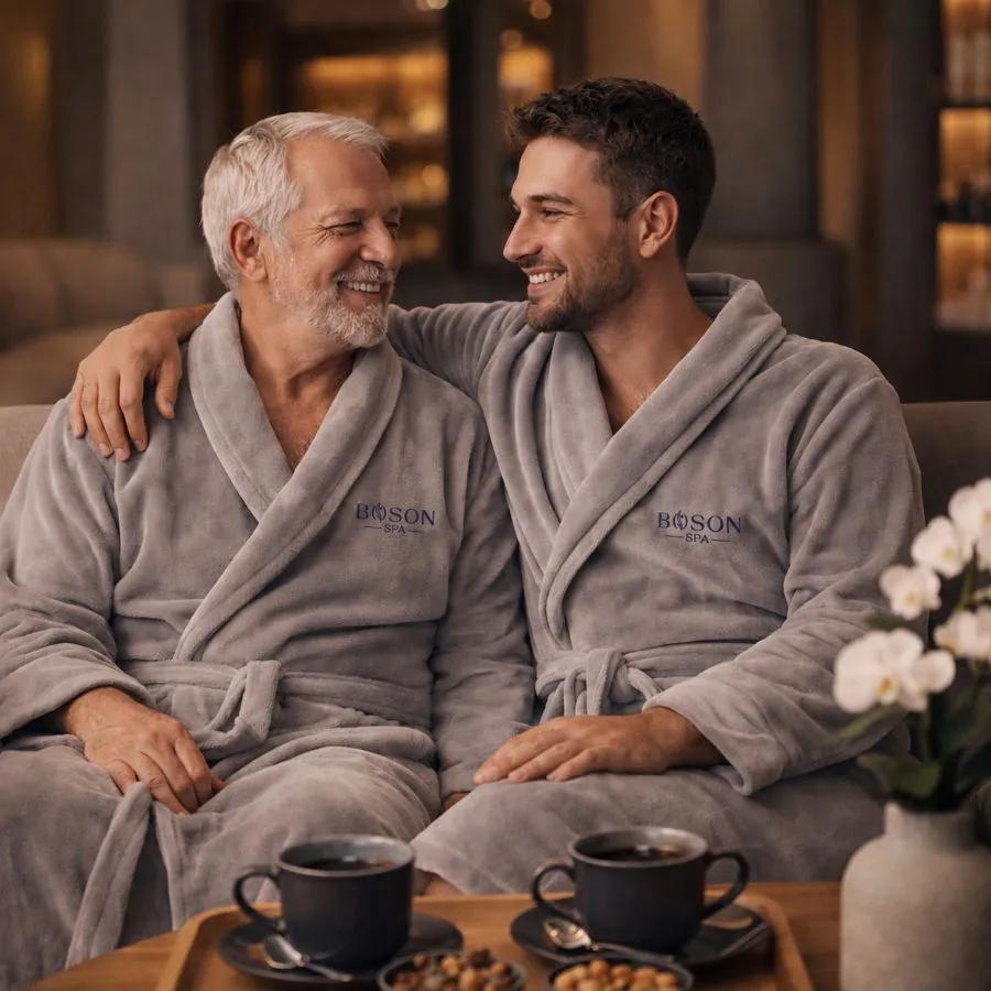 Pai e filho durante experiência de spa da Jornada Elo no Bóson Spa em Botafogo.